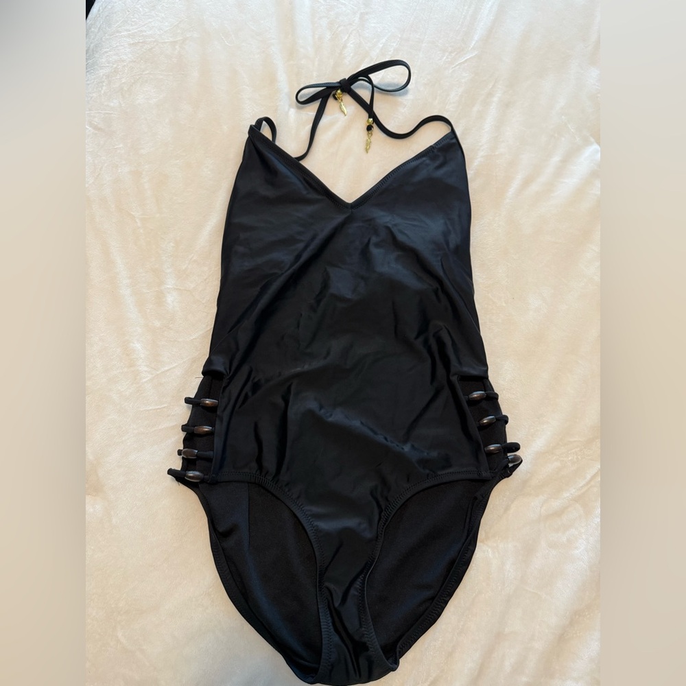 Jessica Simpson Halter Top Black One Piece Bathing Suit with cutouts. Size M NWT